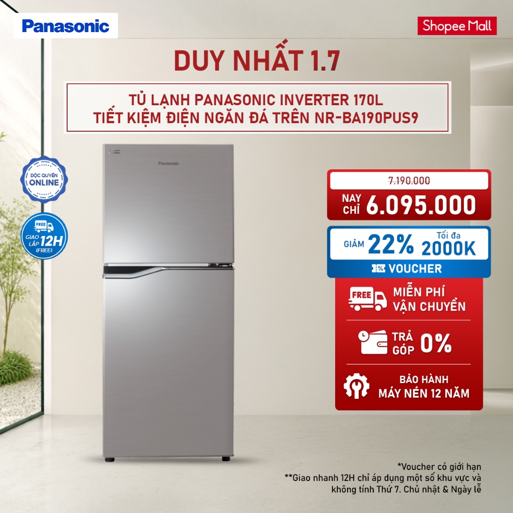 [ELPN2TX GIẢM TỐI ĐA 2TR] Tủ lạnh Panasonic Inverter 170L NR-BA190PUS9 Tiết kiệm điện Ngăn đá trên