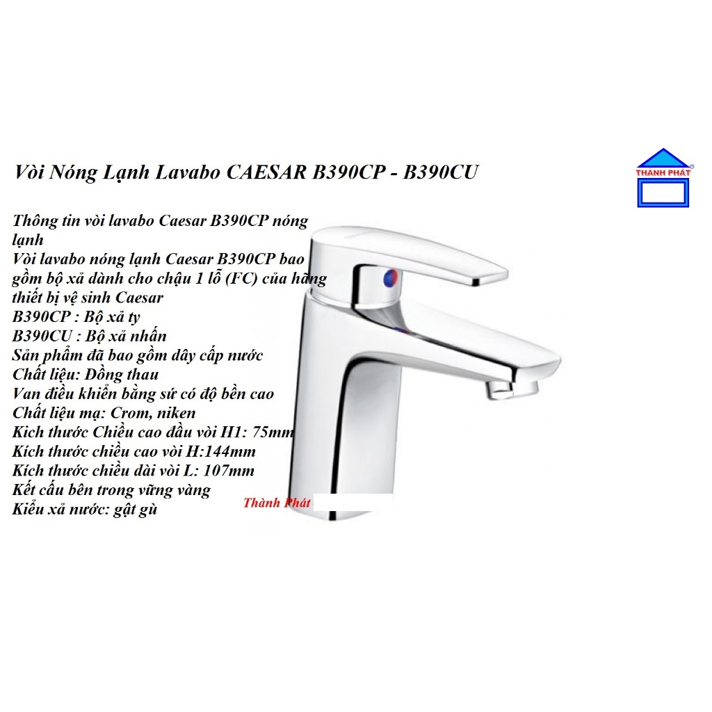 [CHÍNH HÃNG] Vòi Nóng Lạnh Lavabo CAESAR B390CP - B390CU, vòi rửa mặt đồng mạ chrome