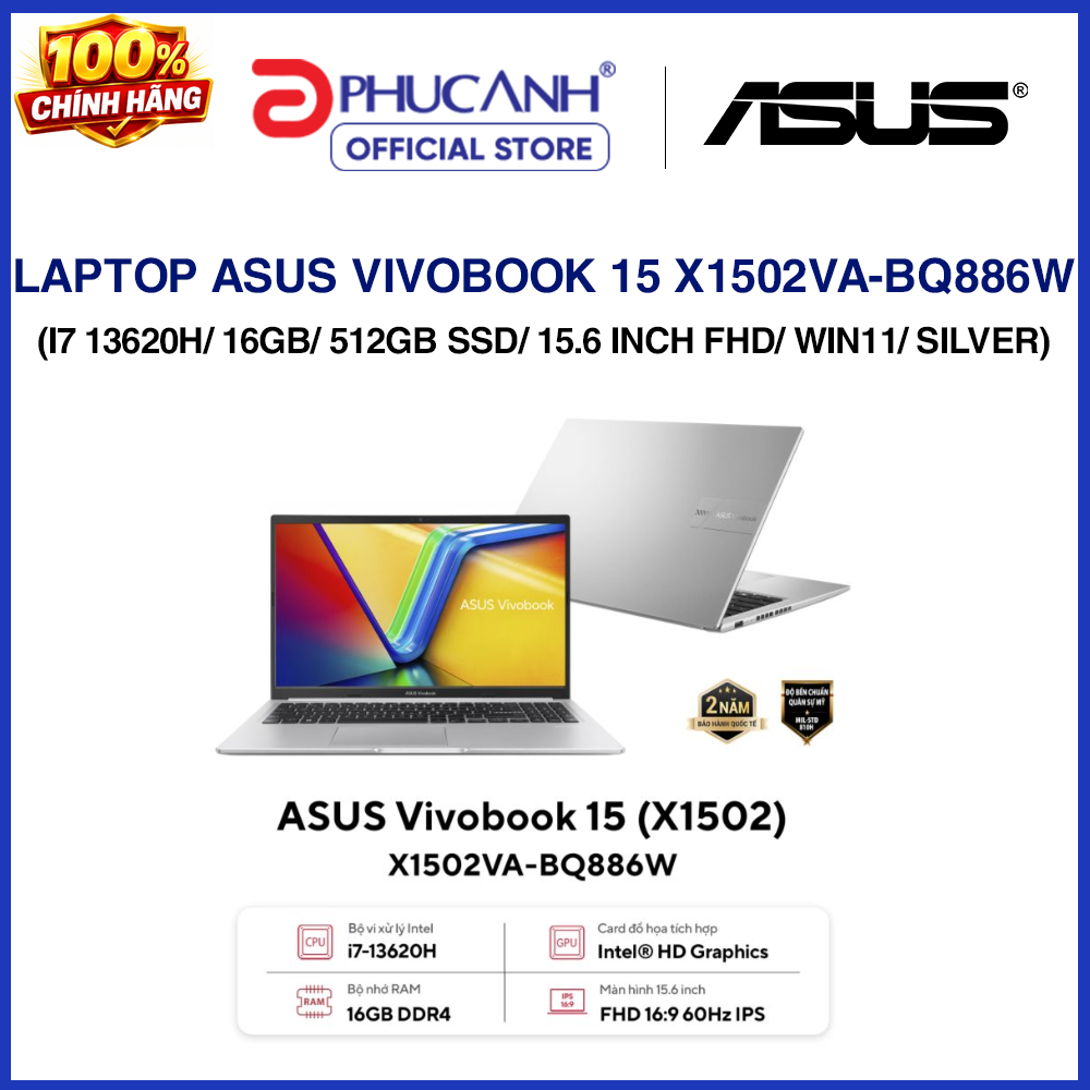 Laptop Asus Vivobook 15 X1502VA-BQ886W (i7 13620H/ 16GB/ 512GB SSD/ 15.6 inch FHD/ Win11/ Silver)