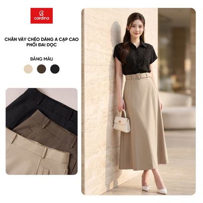 Chân váy nữ CARDINA chất liệu chéo kaki dáng A cạp cao phối đai dọc 6CVX05