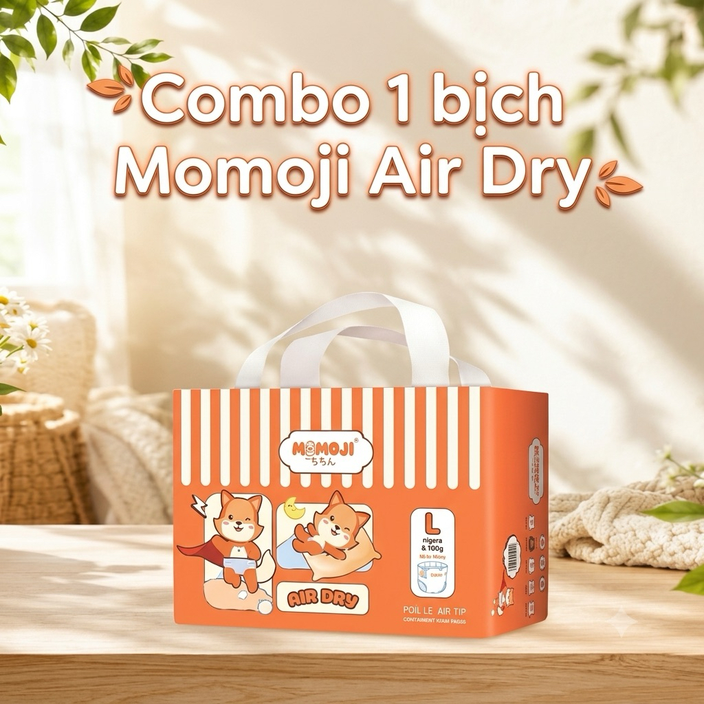 Combo 6 bịch Tã bỉm Momoji Air Dry chính hãng mỏng mềm mại, chống tràn, an toàn, siêu thấm