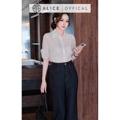 Set Đồ Công Sở Cao Cấp Alice, Áo Chất Tơ Hoa Chấm Bi Tay Lửng Phối Quần Ống Loe Nhẹ Chất Bò Lụa A1076+Q1108