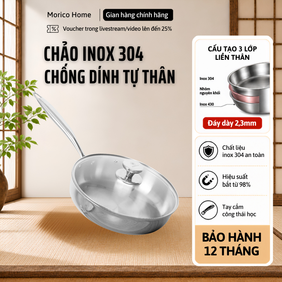 Chảo Inox 304 Đúc Nguyên Khối MP600 24cm / MP601 26cm – Đáy 3 Lớp Tản Nhiệt Đều, Kèm Nắp Kính
