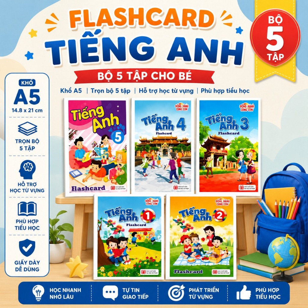 flashcard tiếng anh lớp 1,2,3 4 5 global success khổ a5 ép plastic 2 mặt