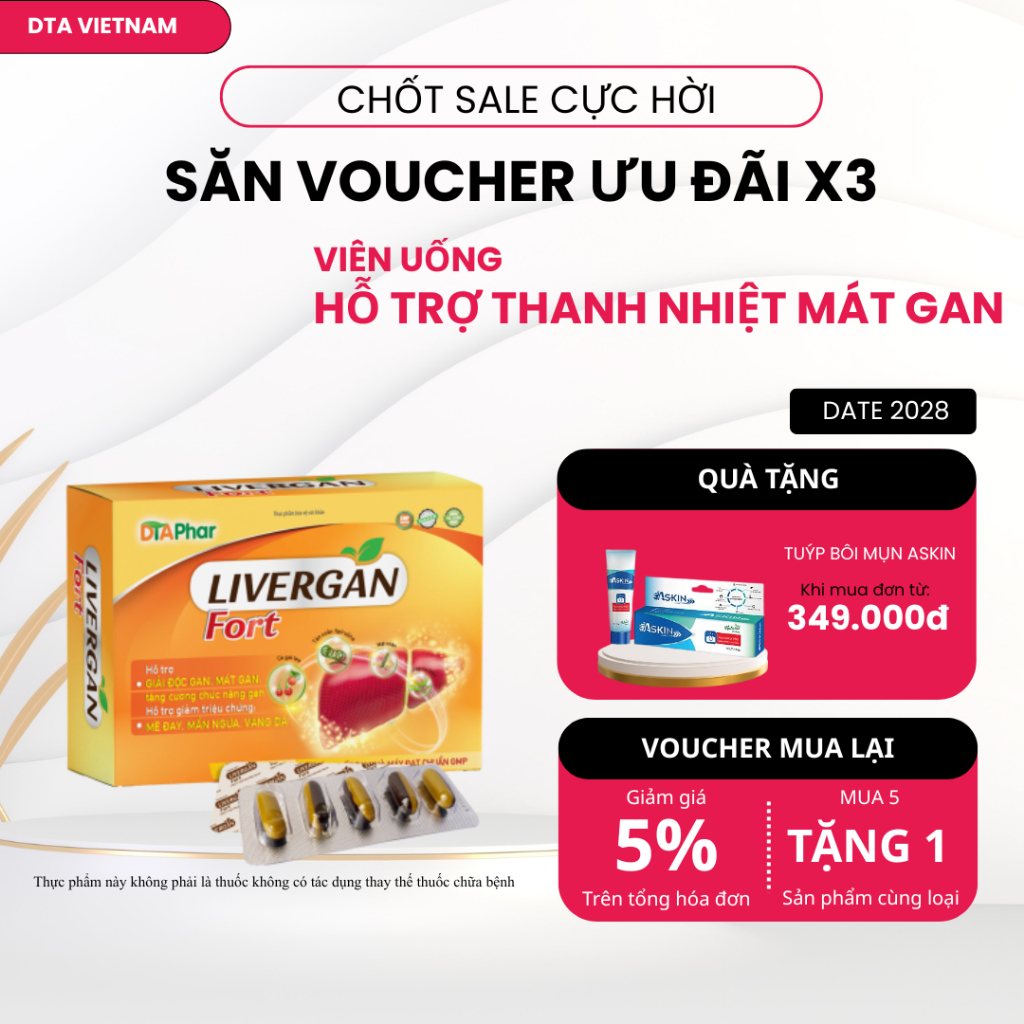 Viên uống Livergan Fort hỗ trợ giải độc mát gan giảm nổi mề đay mẩn ngứa vàng da Hộp 60v