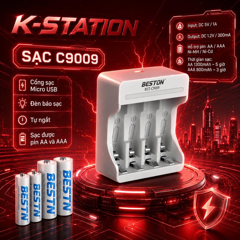 Bộ Sạc Pin Beston C9009 AA&AAA 1.2V tự ngắt khi đầy,