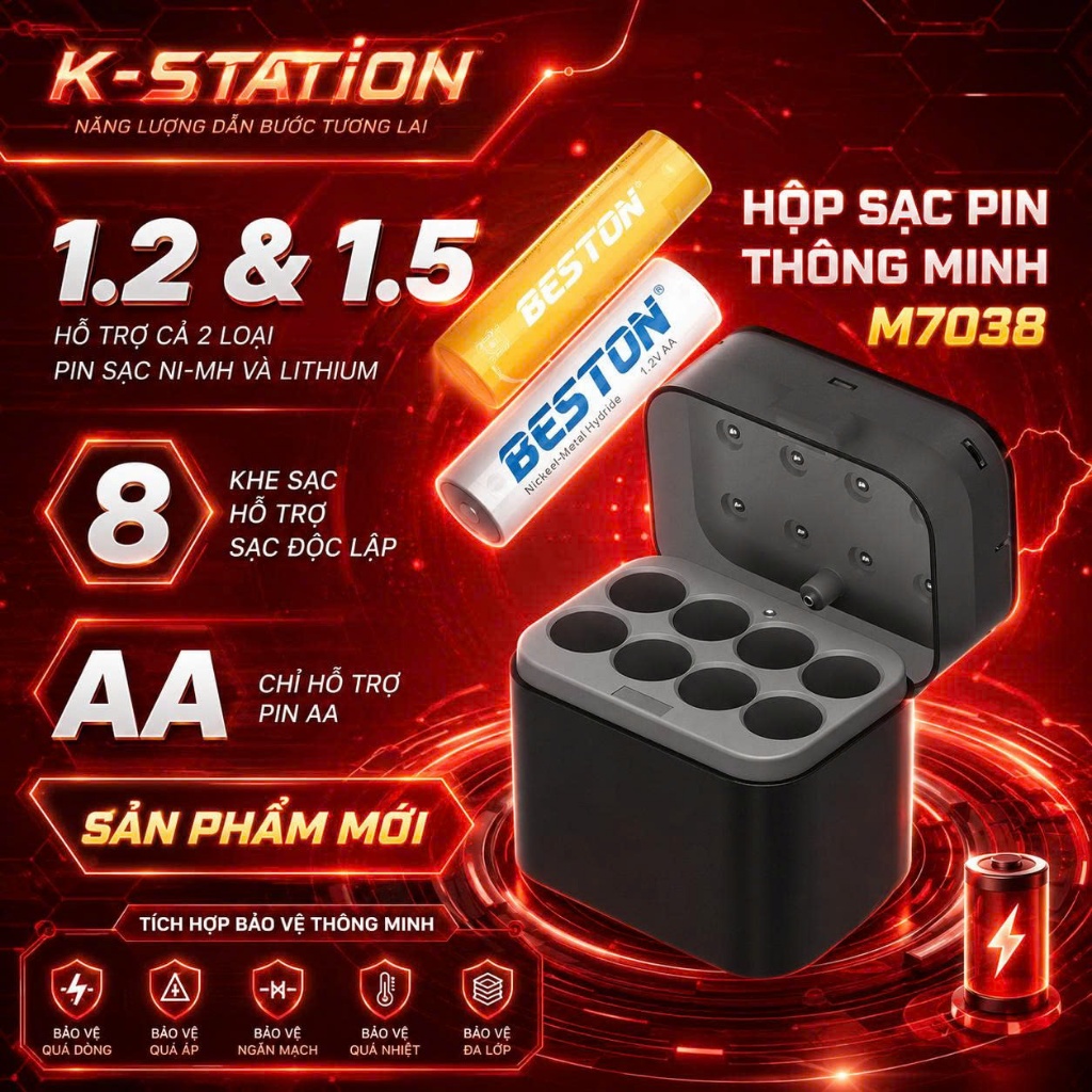 Hộp sạc pin Beston M7038 mẫu mới sạc cho pin AA 1.2V và 1.5V đèn thông báo sạc tiện lợi theo dõi