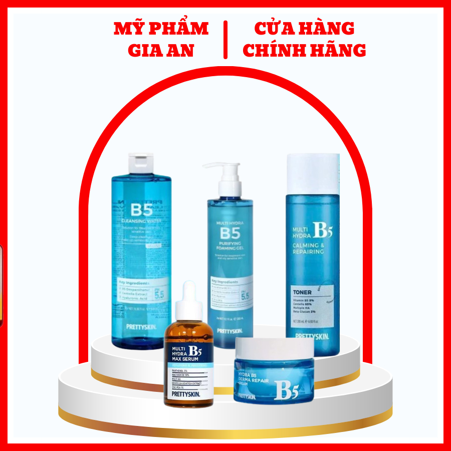 Combo phục hồi Hydra B5 Prettyskin gồm tẩy trang B5, toner B5, gel rửa mặt B5, kem dưỡng B5, serum B