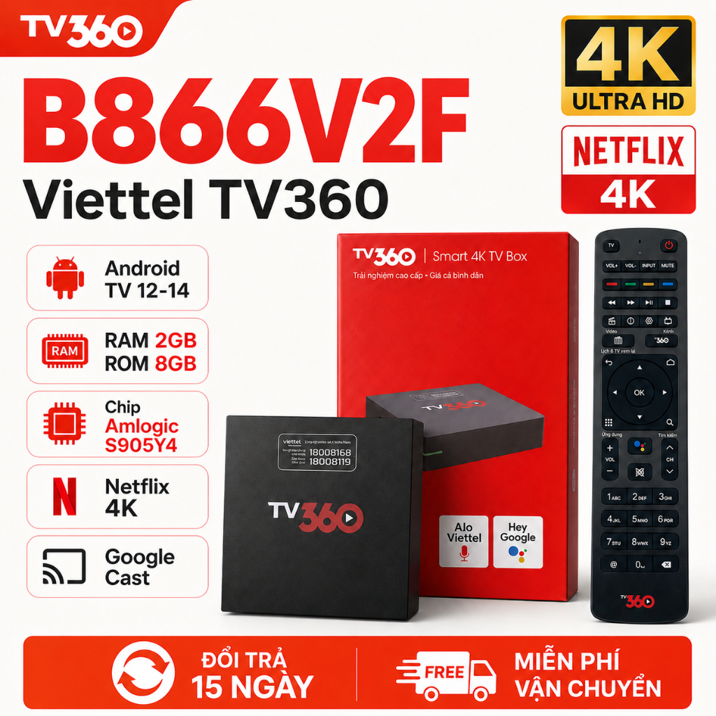 Android TV Box Viettel TV360 B866V2F - AndroidTV 12, Netflix4K, Không Phí Thuê Bao, Cài Sẵn Ứng Dụng