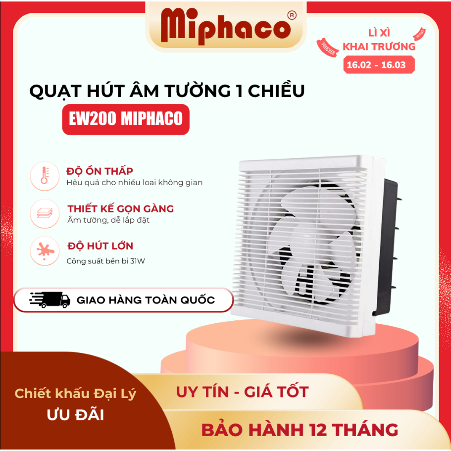 Quạt Hút Âm Tường 1 Chiều EW200 Miphaco - BH 12 THÁNG