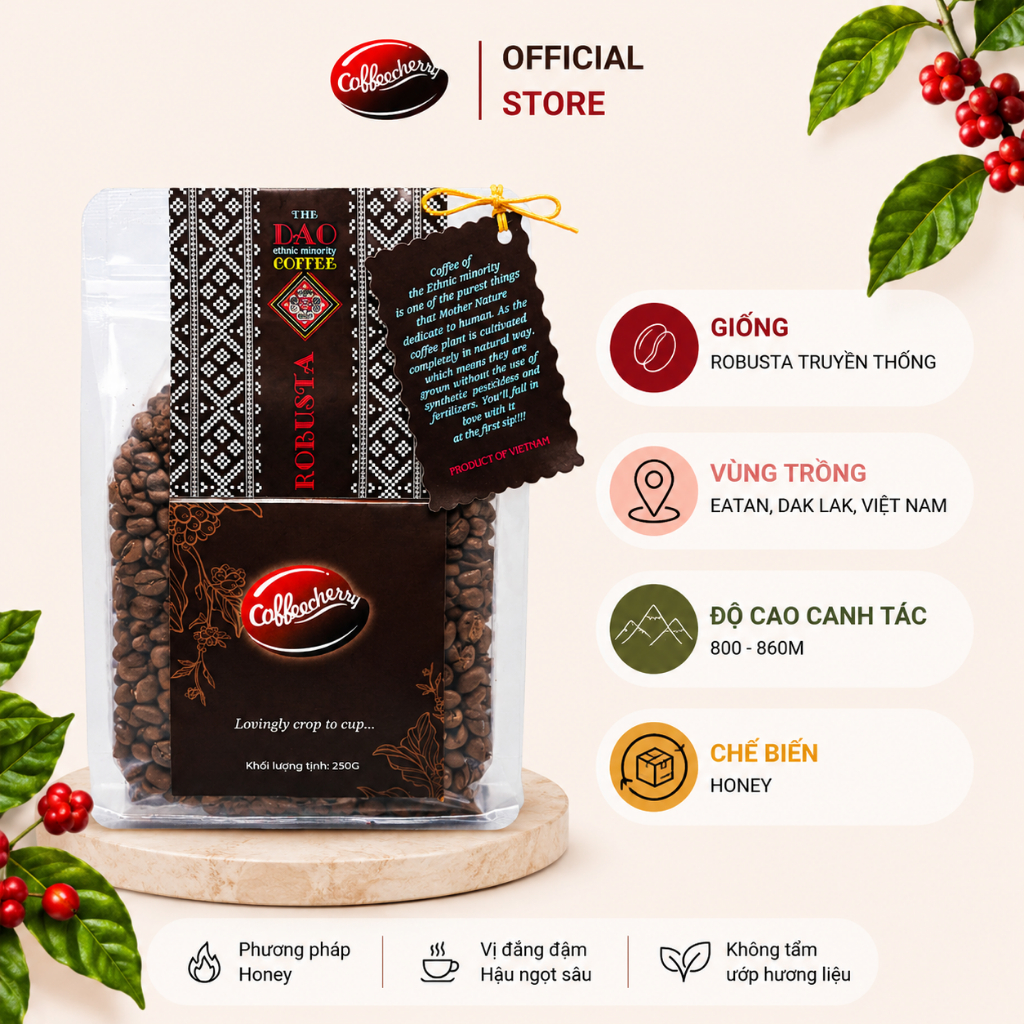 Cà phê dân tộc The Dao Coffee - Robusta Honey 250g -  100% nguyên chất, pha phin máy, rang xay mộc -