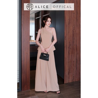 Set Đồ Cao Cấp Alice Chất Đũi Hàn Lót Lụa, Áo Lệch Vai Dáng Peplum Chiết Eo Phối Quần Ống Suông Rộng Sang  Trọng S1088