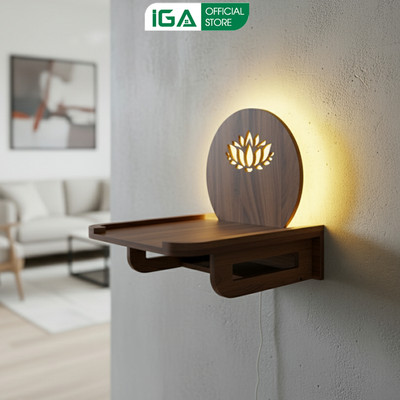 Bàn thờ treo tường kèm đèn LED hoạ tiết hoa sen sang trọng thương hiệu IGA - GP420