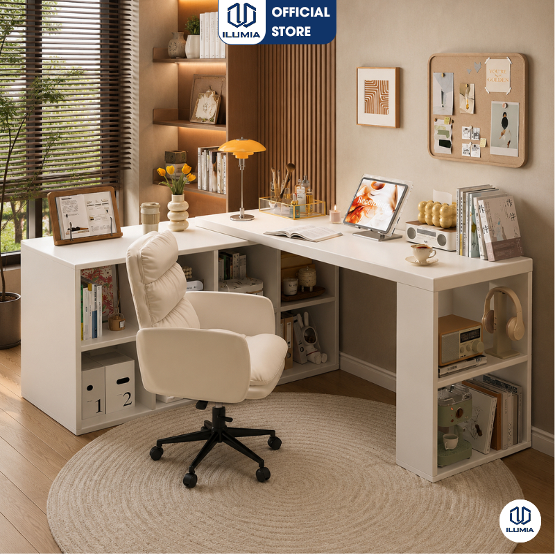 Bàn làm việc gỗ MDF phủ melamin kèm kệ sách màu full trắng thương hiệu ILUMIA - GP368