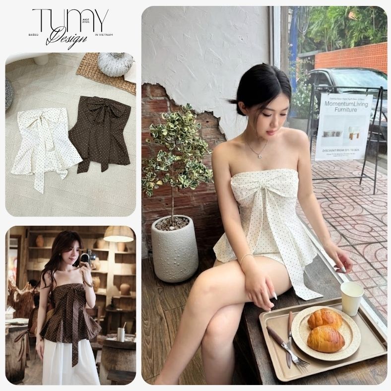 Áo quây phối nơ ngực chấm bi dáng xòe, áo cúp ngực tiểu thư sang chảnh đi biển cafe du lịch hot trend TUMY Design HM-92