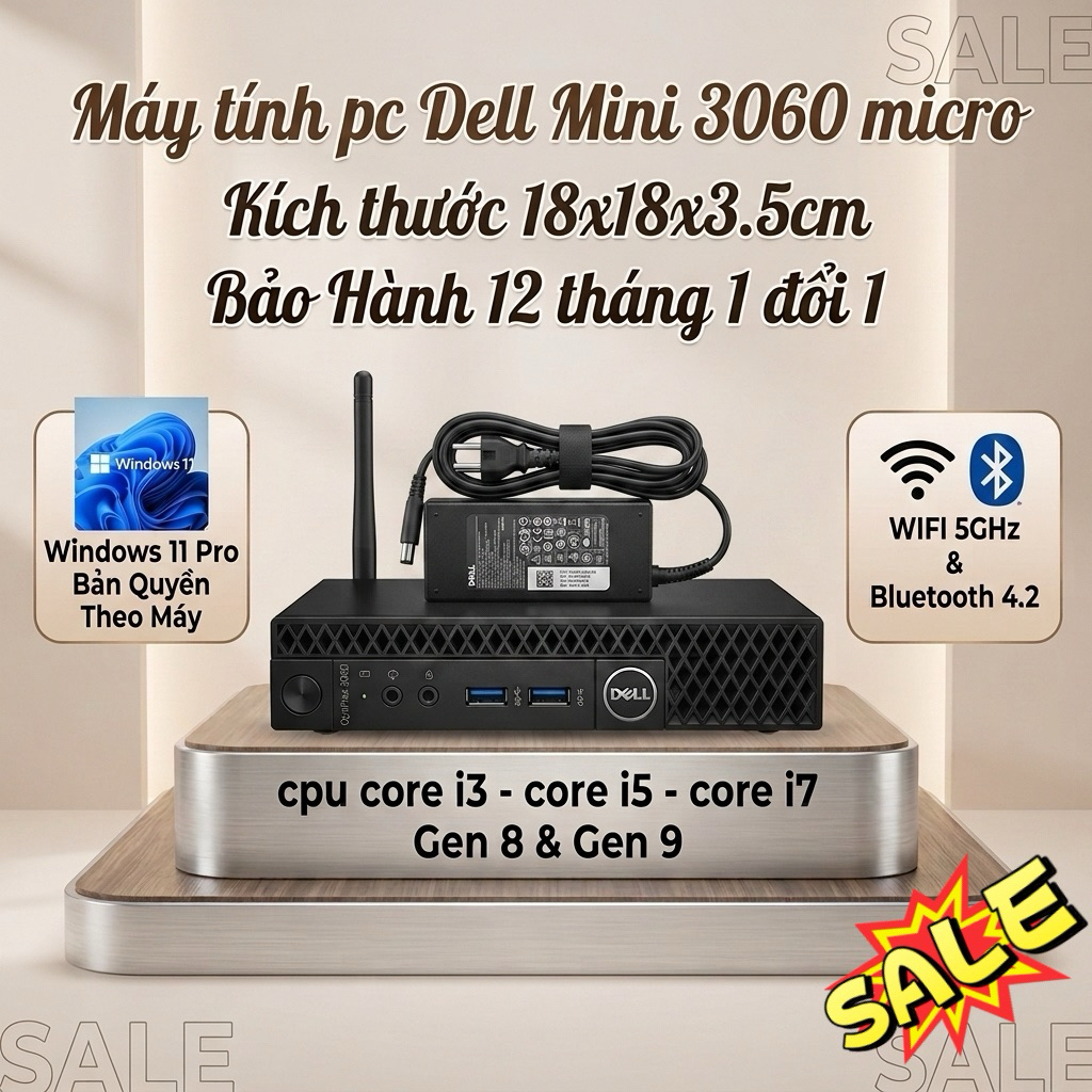Máy Tính ( PC Dell Mini ) opitilex Dell 3060 ( có wifi/bluetooth)Cpu i3 8100T , i5 8500T, i5 9500T, 