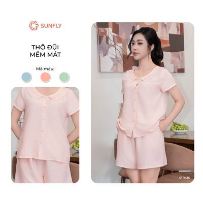 Bộ pijama nữ SUNFLY đũi mềm áo cộc quần sooc họa tiết caro ST9416