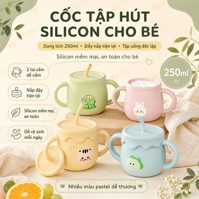 Cốc tập uống, tập hút silicon hình gấu dễ thương cho bé KidAndMom 2in1 kèm ống hút thay thế