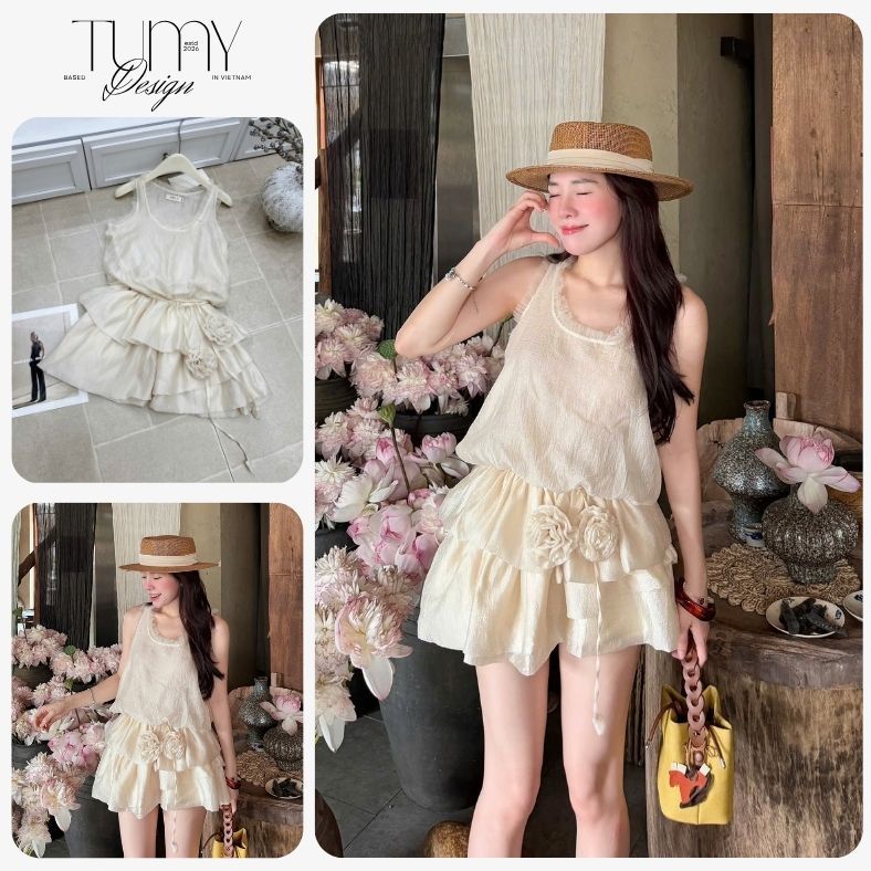 Váy sát nách thắt eo phối hoa nhí bèo tầng, đầm tơ xước dáng xòe ngắn đi biển du lịch nhẹ nhàng TUMY