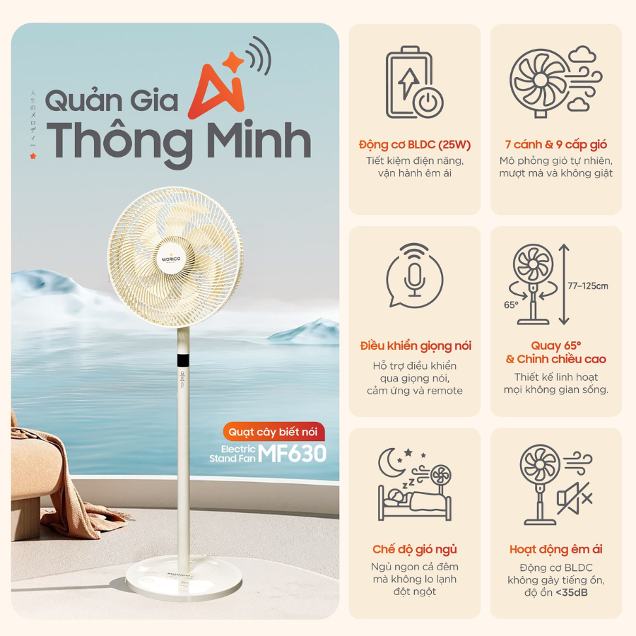 Quạt Cây Biết Nói Morico MF630- Nhận Diện Giọng Nói Ba Miền, Động Cơ BLDC Siêu Êm Tiết Kiệm Điện, 9 