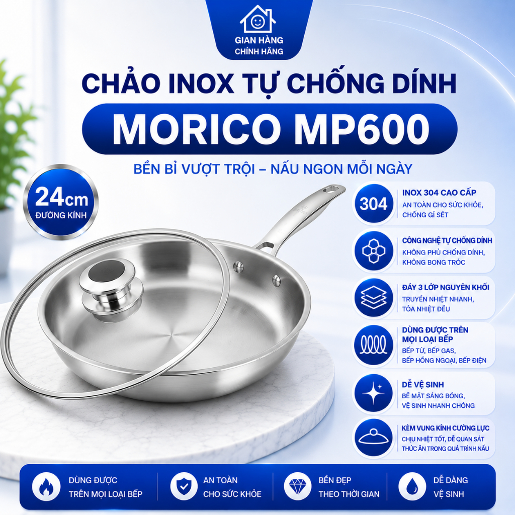 Chảo Inox Tự Chống Dính Morico MP600 24cm | Truyền Nhiệt Nhanh | Tương Thích Mọi Loại Bếp