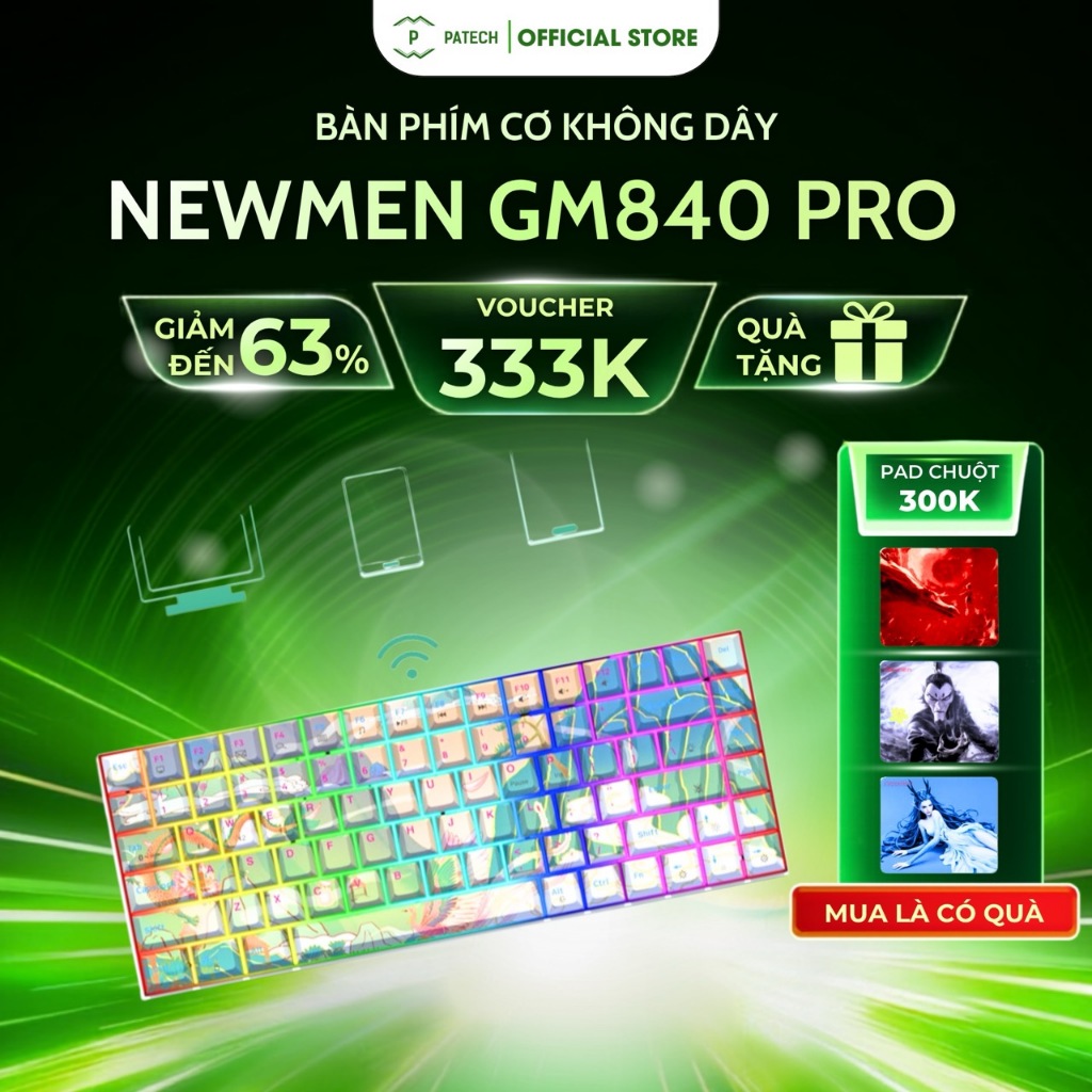 Bàn Phím Cơ Không Dây Newmen GM840 Pro (Rồng & Phụng), Dual mode, Deep Sea – Hush V3 Super Silent - 