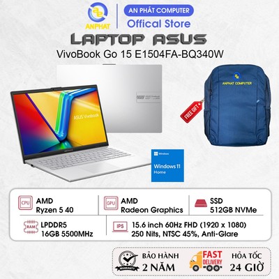 Laptop ASUS VivoBook Go 15 E1504FA-BQ340W, Ryzen 5 40, 16GB RAM, 512GB SSD, 15.6 inch FHD, Win11
