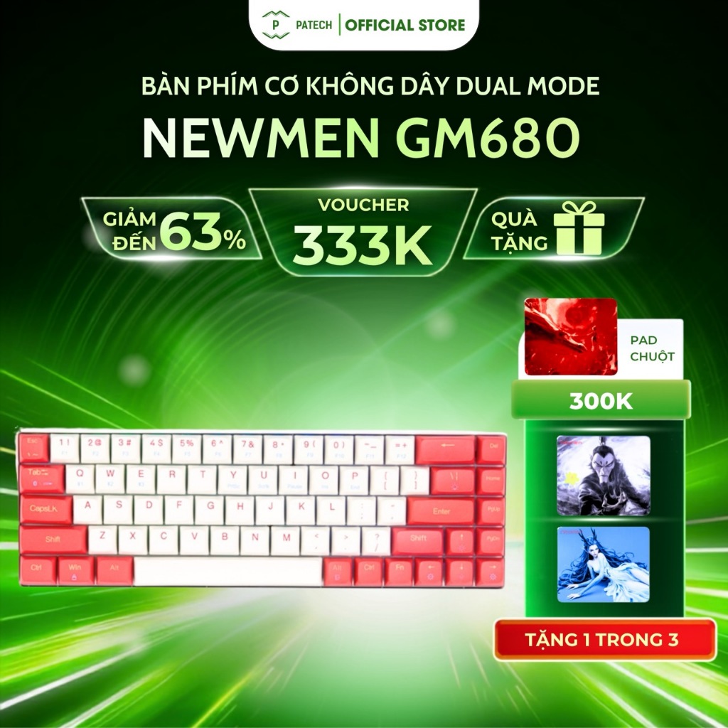 Bàn phím cơ không dây Dual Mode Newmen GM680,Layout 68 phím Hotswap,đa chế độ kết nối,tặng thêm keyc