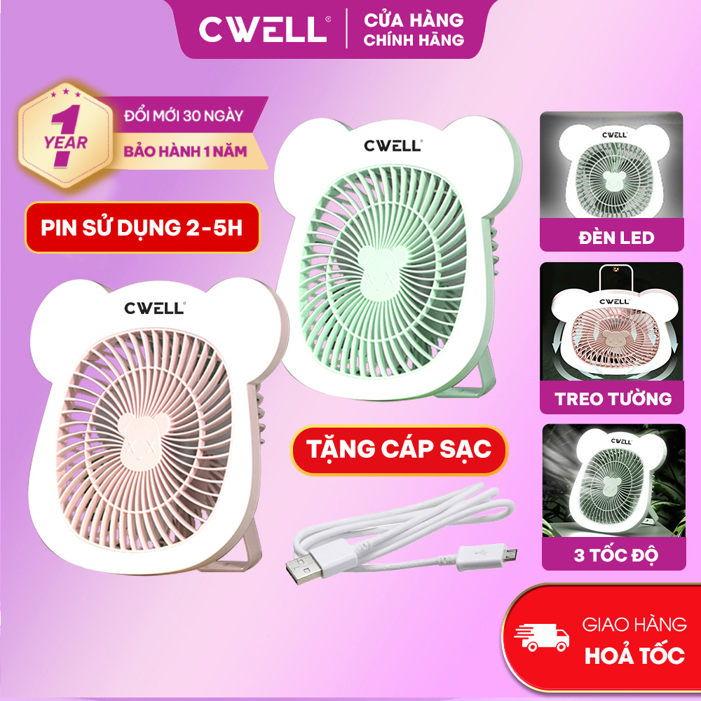 Quạt mini để bàn, quạt tích điện 3 tốc độ CWELL kèm dải 25 đèn Led, có móc treo