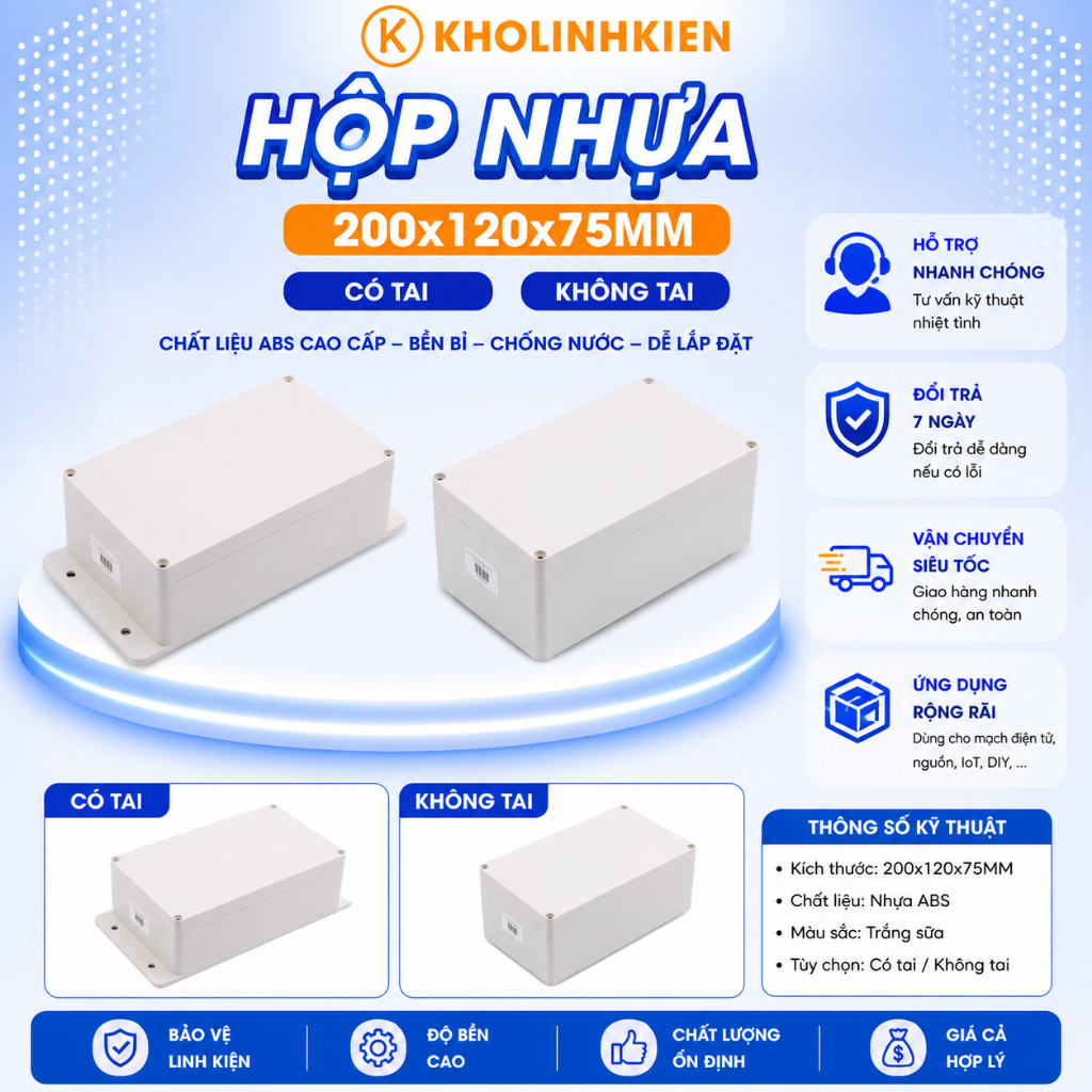 Hộp Nhựa 200x120x75MM Có Tai, không tai