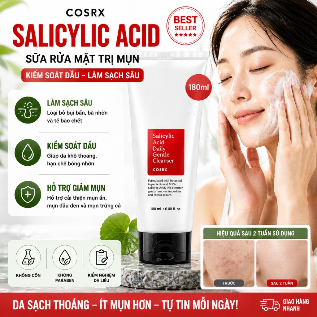 Gel rửa mặt COSRX BHA 150ml – làm sạch sâu, giảm bã nhờn, kiểm soát dầu, giảm mụn ẩn mụn đen