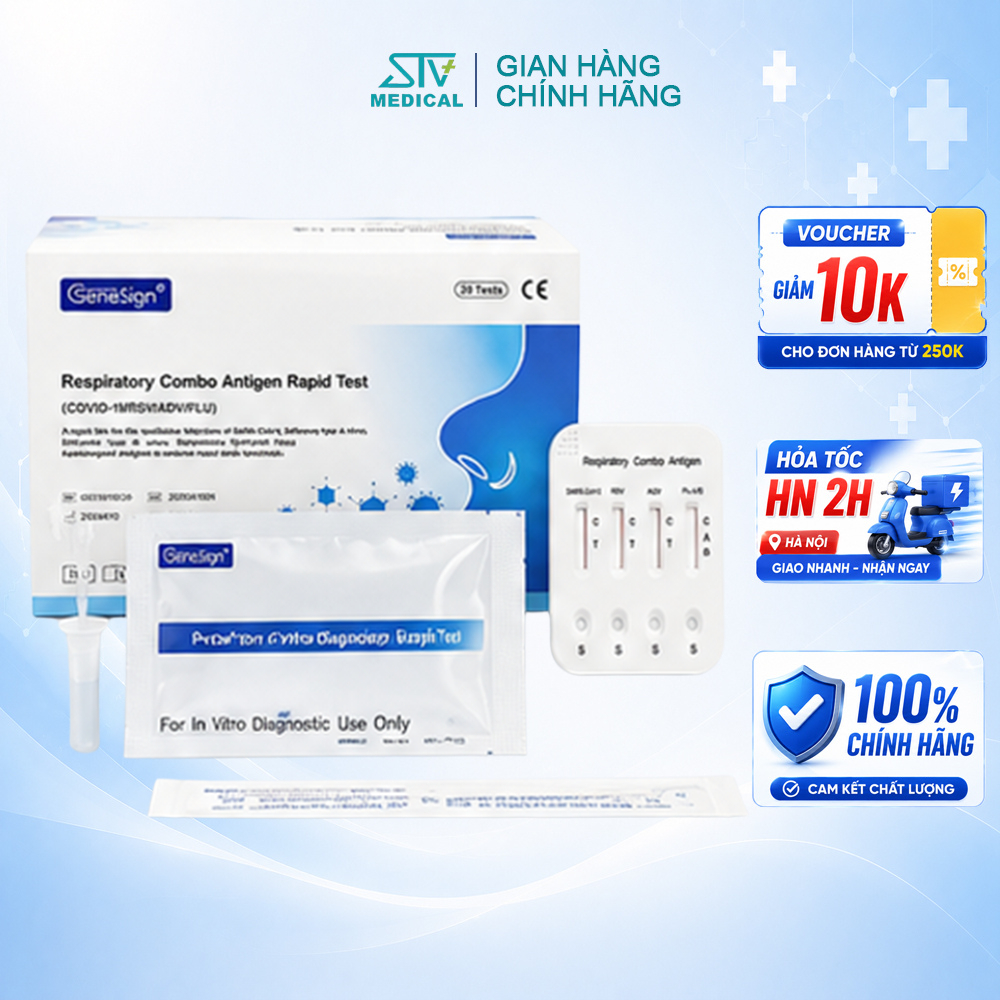 Test Nhanh GeneSign 5 Trong 1 Chính Hãng Phát Hiện COVID-19, RSV, Adenovirus, Cúm A/B - Hộp 20 Test