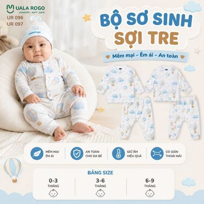 Bộ dài tay cho bé sơ sinh Ualarogo 0-9 tháng vải Sợi tre Bamboo mềm mại co giãn cúc bấm UR 096 097