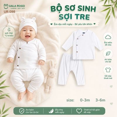 Bộ dài tay cho bé sơ sinh Ualarogo 0-6 tháng vải Sợi tre Bamboo mềm mại thoáng khí cúc chéo UR 098