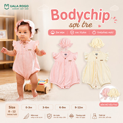Bodychip cho bé sơ sinh Ualarogo cộc tay 0-12 tháng kèm mũ vải Sợi tre Bamboo mềm mại cúc bấm UR 099
