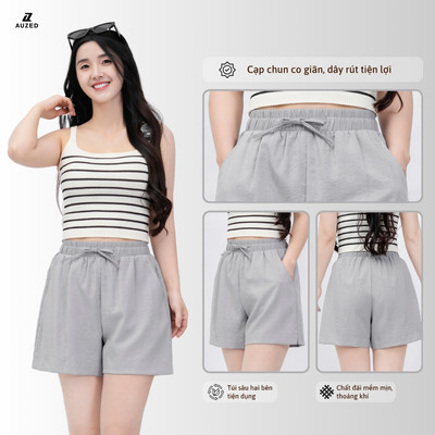 Quần Short Nữ Vải Đũi AUZED Form Regular, Quần Đùi Cạp Chun Nữ Mềm Mát, Co Giãn Có Túi 4107