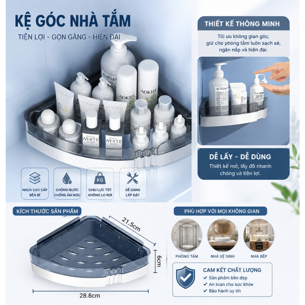 Kệ Góc Tam Giác Nhà Tắm Dán Tường Chống Nước - Kệ Đựng Mỹ Phẩm, Dầu Gội, Sữa Tắm Tiết Kiệm Không Gia