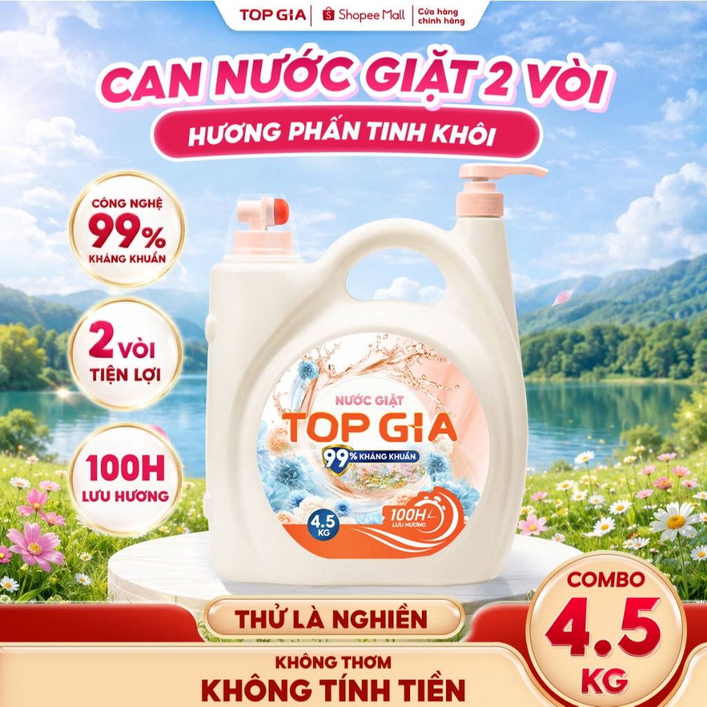 Can Nước Giặt Xả TopGia 2 Vòi Tiện Lợi 4.5KG Lưu Hương Thơm 100H, Kháng Khuẩn 99%, Làm Sạch Nhanh