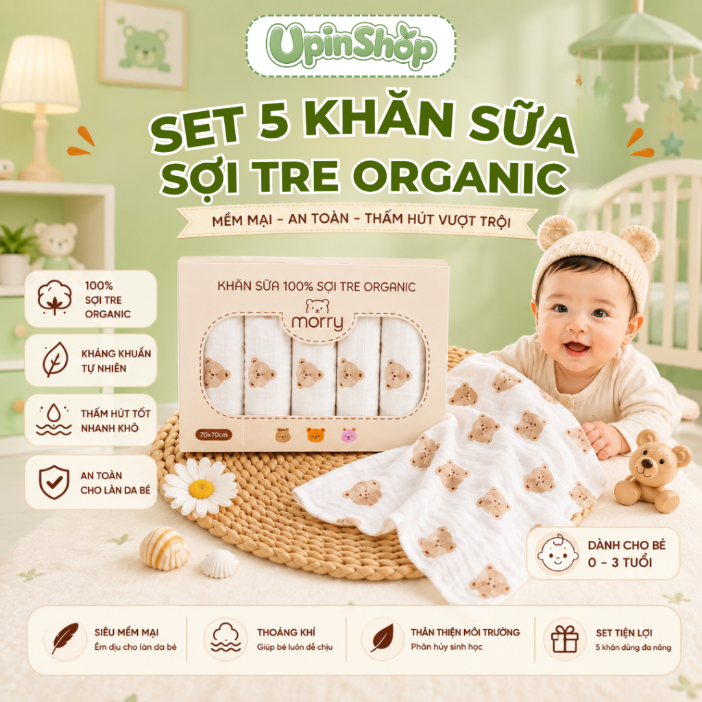 Hộp 5 Khăn Sữa Morry Vải Sợi Tre 2 Lớp Cao Cấp, Mềm Mịn, Thấm Hút Tốt MR077 - Upin Shop