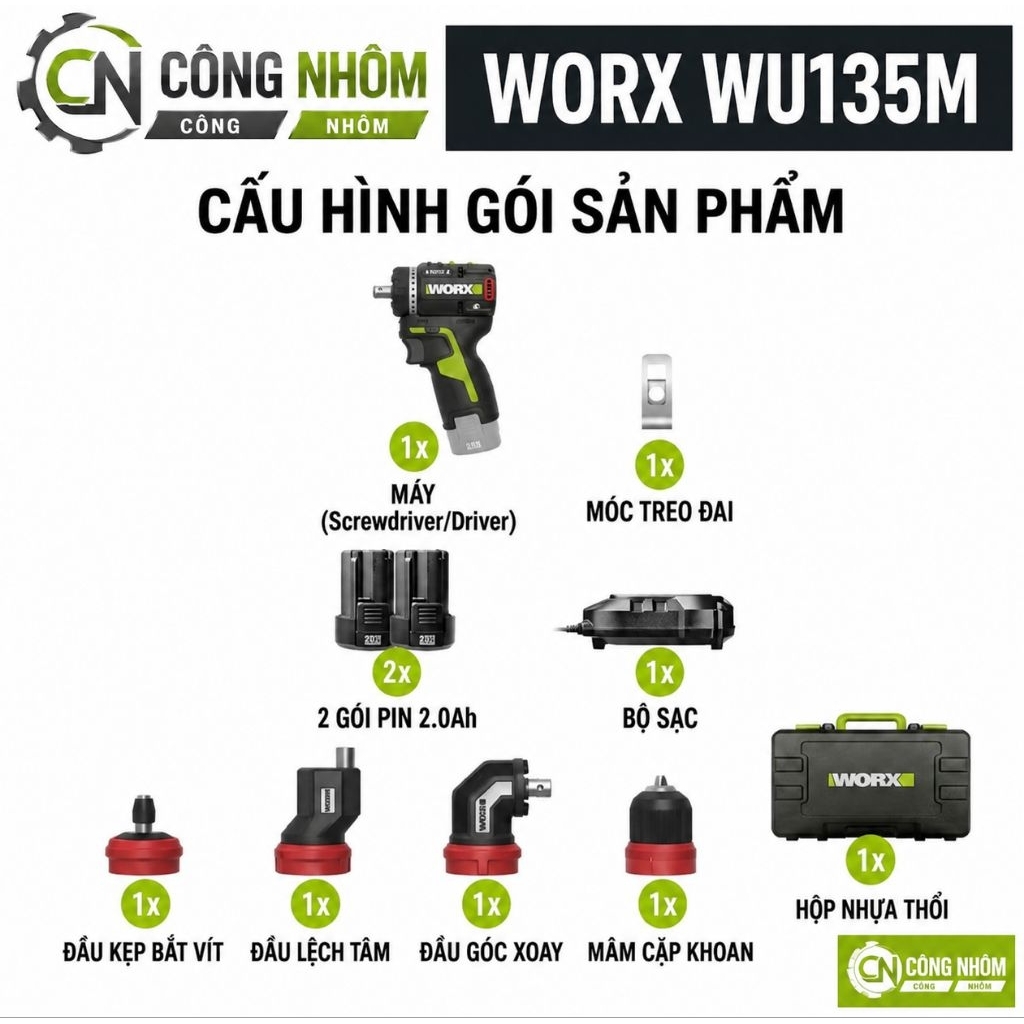 Máy Khoan bắt vít 4 đầu worx WU135M 12V Máy Khoan pin Đa góc khuất chính hãng