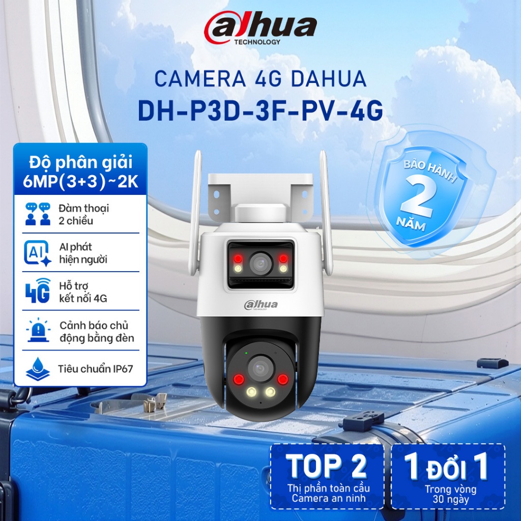 Camera IP 4G Ngoài Trời Dahua Picoo Dual D1 2 Mắt Kép 6MP, Chống nước IP66 , Có màu ban đêm,DH-P3D-3