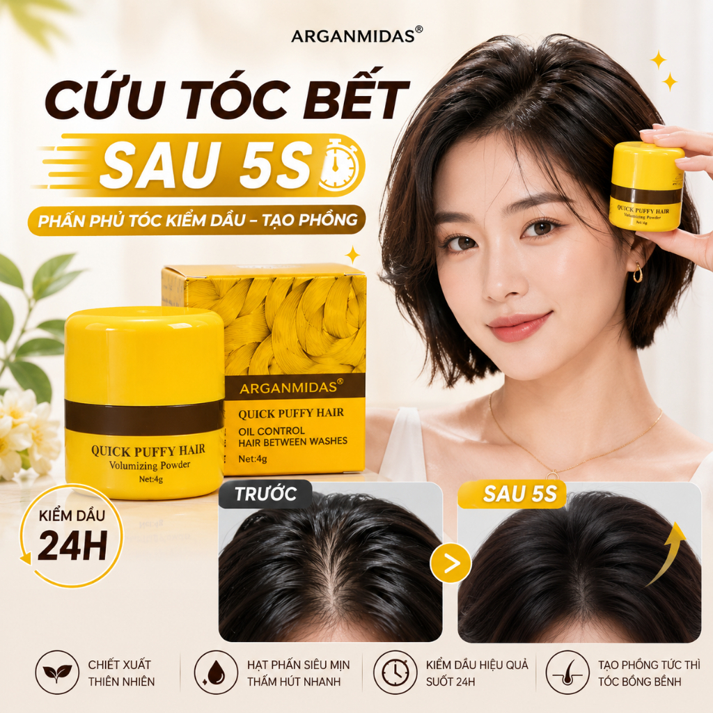 Phấn Kiềm Dầu Tạo Phồng Chân Tóc Arganmidas, Phấn Gội Khô Giúp Tóc Bồng Bềnh - Aura Cosmetics