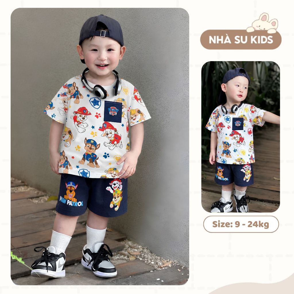 Bộ cộc tay bé trai Minibebe, Đồ bộ bé trai in chó cứu hộ chất cotton quần cua cho bé từ 9 đến 24kg