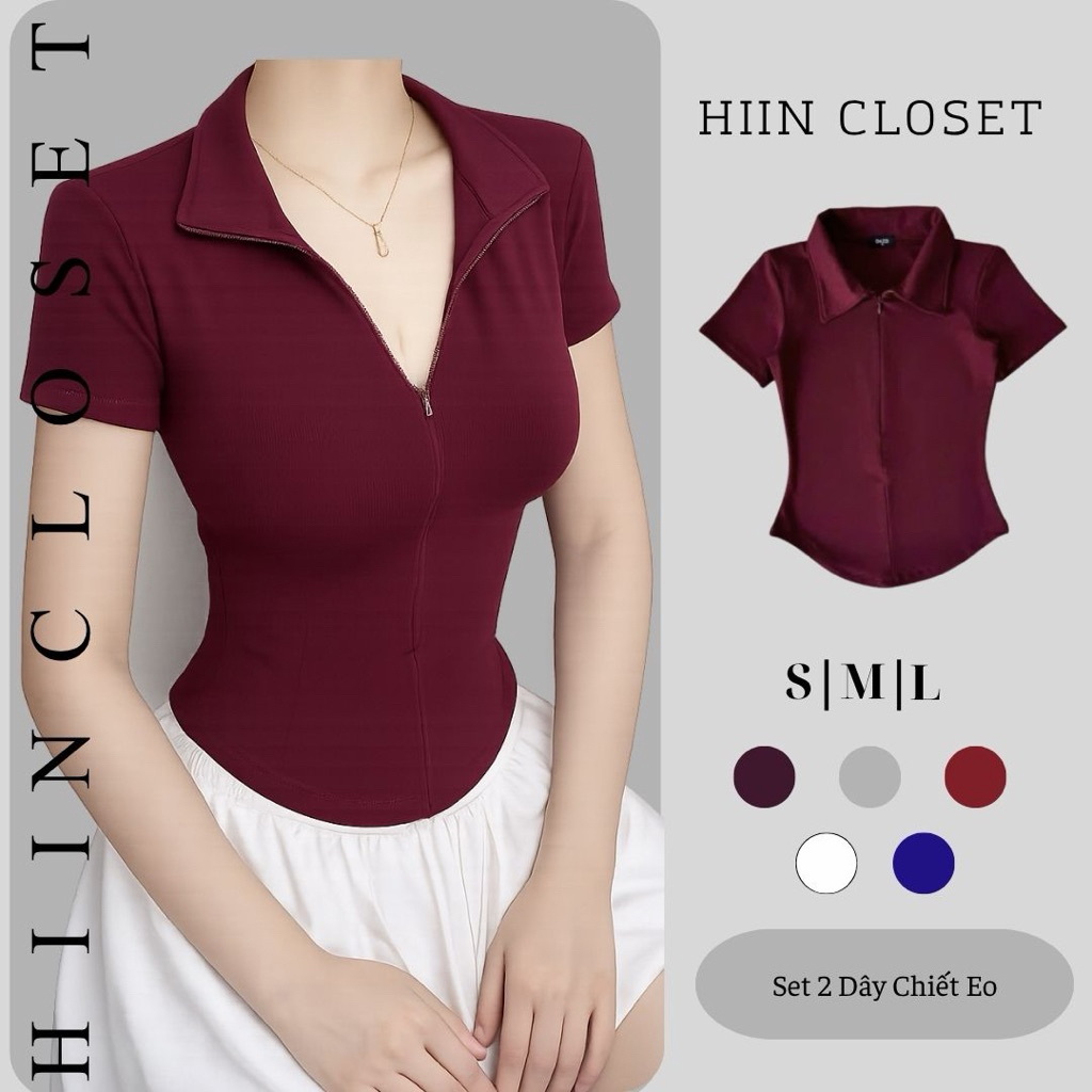 Áo thun nữ cổ bẻ phối khoá giọt lệ ôm body / Áo thun vạt bầu chất zip co giãn HiiNCloset - 127