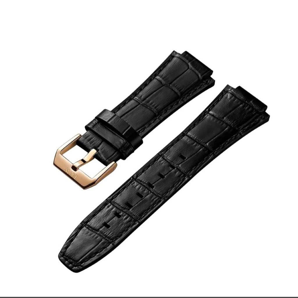 Dây da đồng hồ nam I&W Carnival 735G - 751G - 721G - 711G -750G- Màu Đen khóa cài vàng hồng