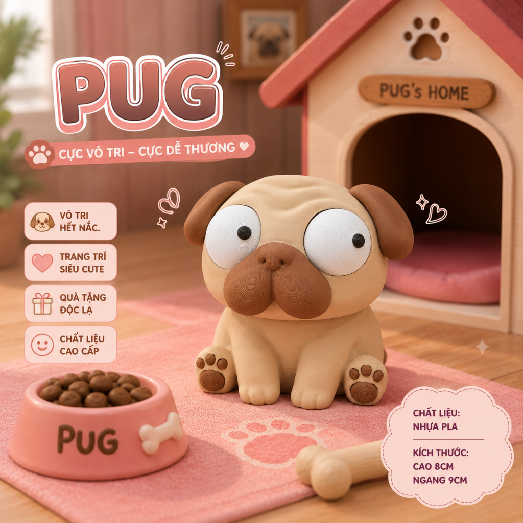 MÔ HÌNH CÚN LÈ KHE – Mô Hình Cún Pug Cute In 3D PLA Decor Bàn Học Bàn Làm Việc Quà Tặng Dễ Thương