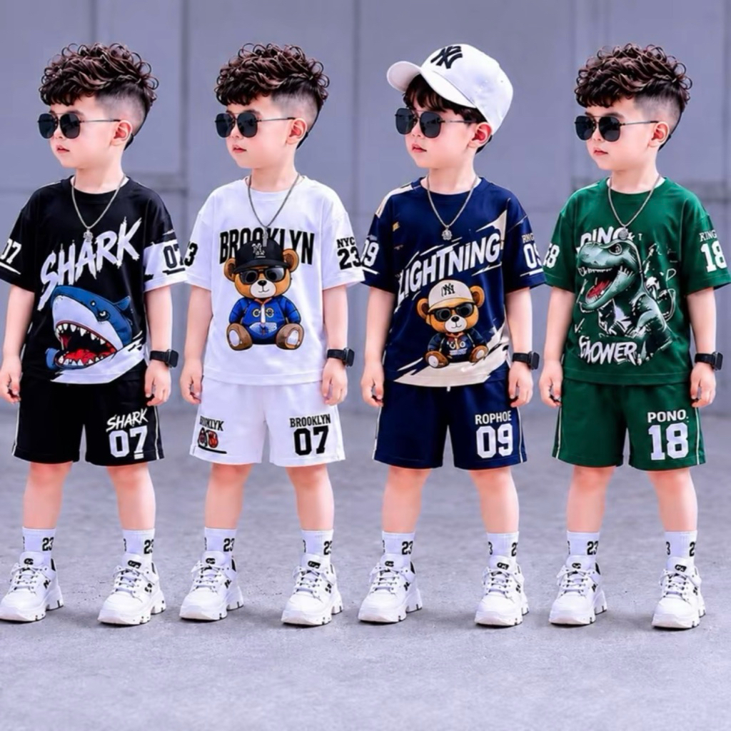 Bộ Quần Áo Bé Trai In Hình Cá Mập - Gấu Brooklyn - Khủng Long - Thun Cotton 4 Chiều Mềm Mát - Size 6