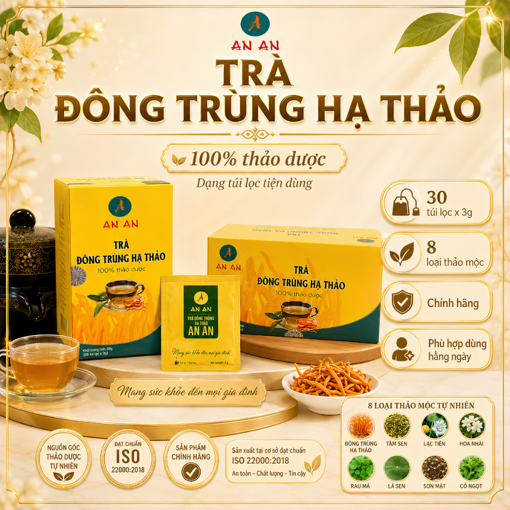 Trà Đông Trùng Hạ Thảo AN AN, Hộp 30 Gói, Hương Vị Thảo Mộc, Mua 3 Tặng 1