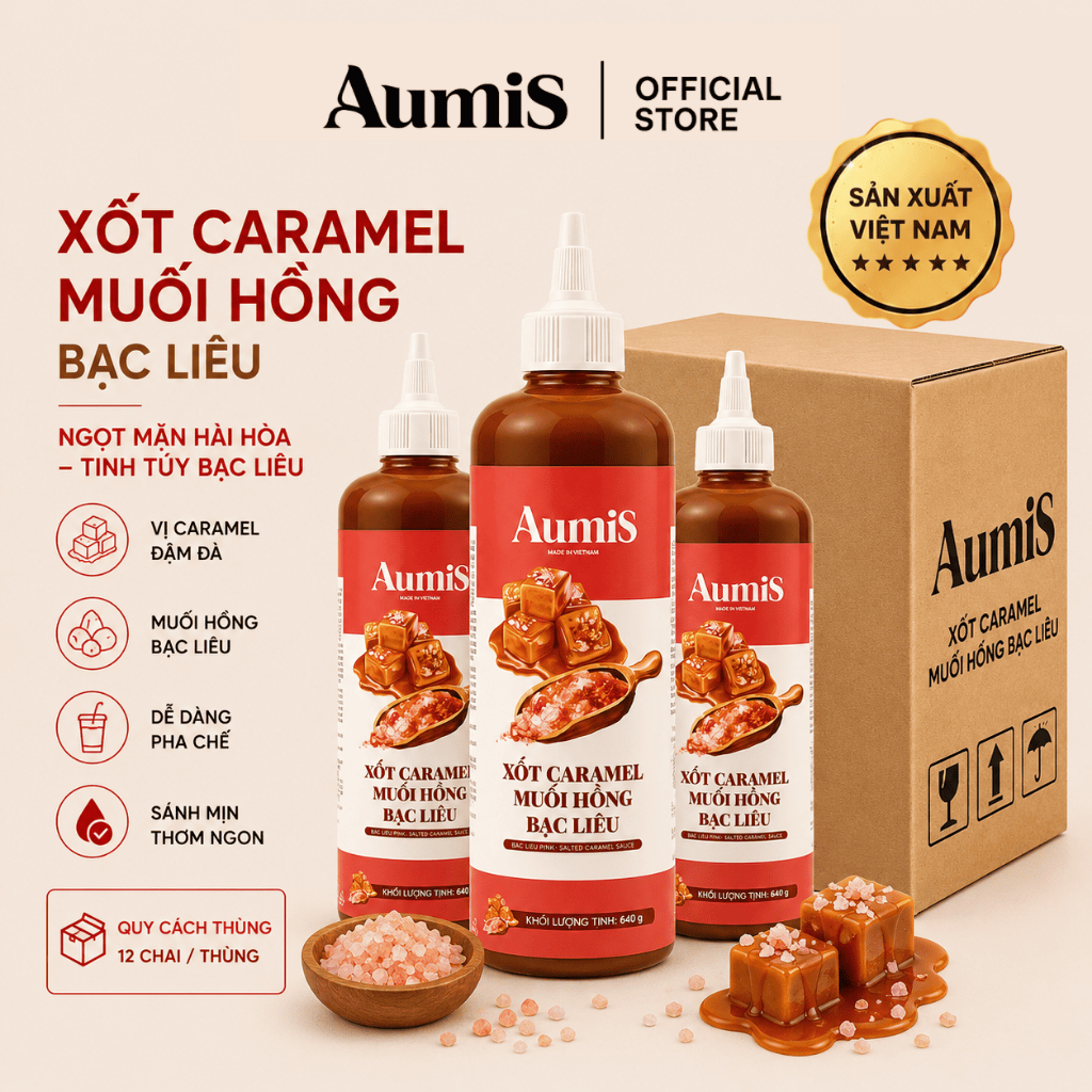 Xốt Caramel Muối Hồng Aumis 640gr – Thùng 12 Chai – Mặn Ngọt Hài Hòa, Pha Cà Phê – Trà Sữa Đa Dụng