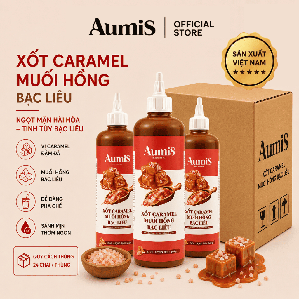 Xốt Caramel Muối Hồng Aumis 640gr – Thùng 24 Chai – Mặn Ngọt Hài Hòa, Pha Cà Phê – Trà Sữa Đa Dụng